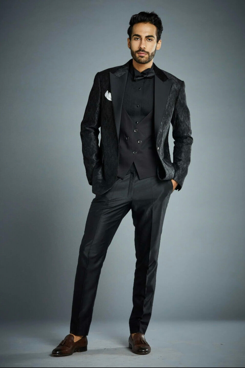 Luxury Black Textured Tuxedo Suit for Men with Satin Peak Lapel & Waistcoat
