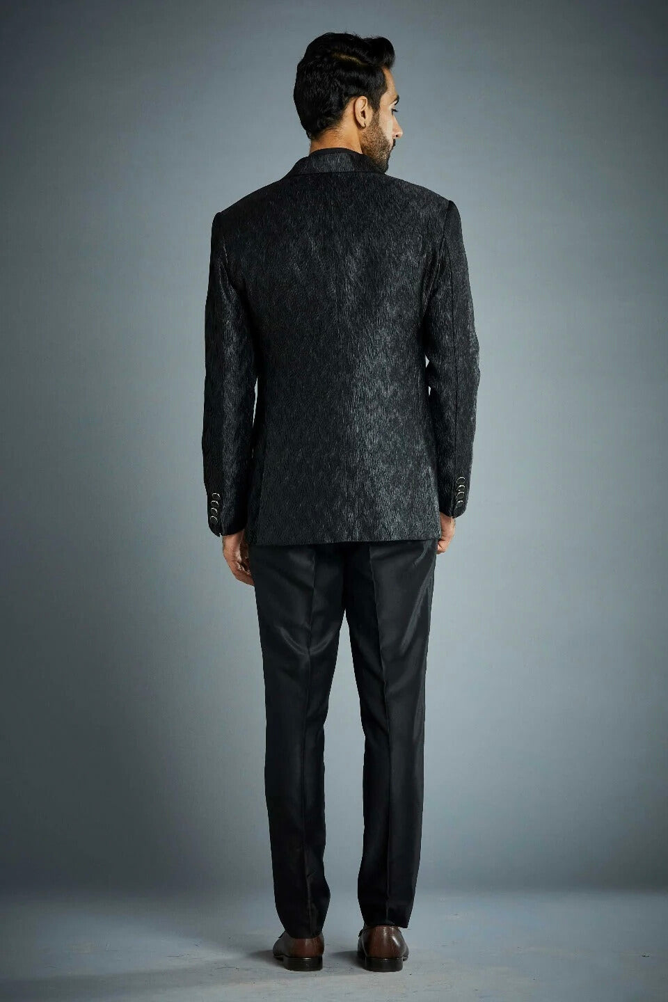 Luxury Black Textured Tuxedo Suit for Men with Satin Peak Lapel & Waistcoat