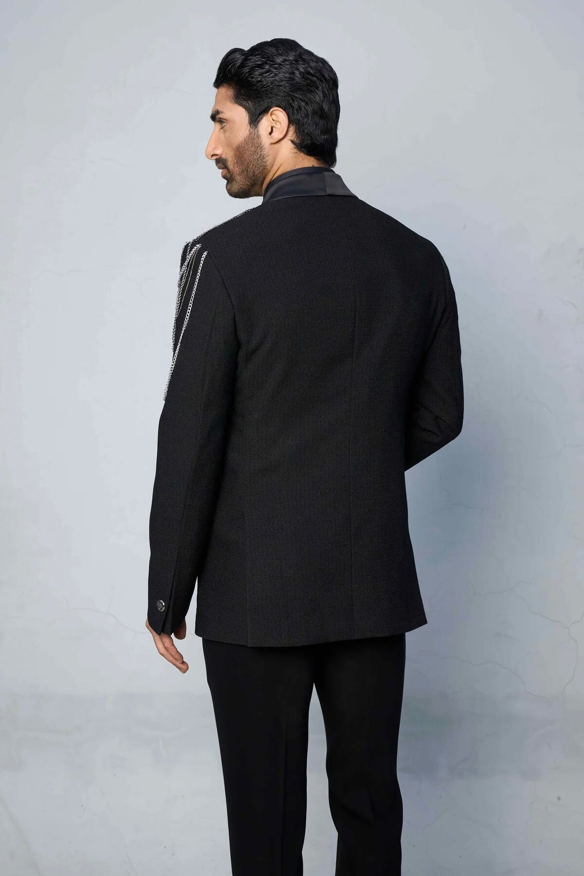 Luxury Black Textured Tuxedo Suit for Men with Satin Peak Lapel & Waistcoat