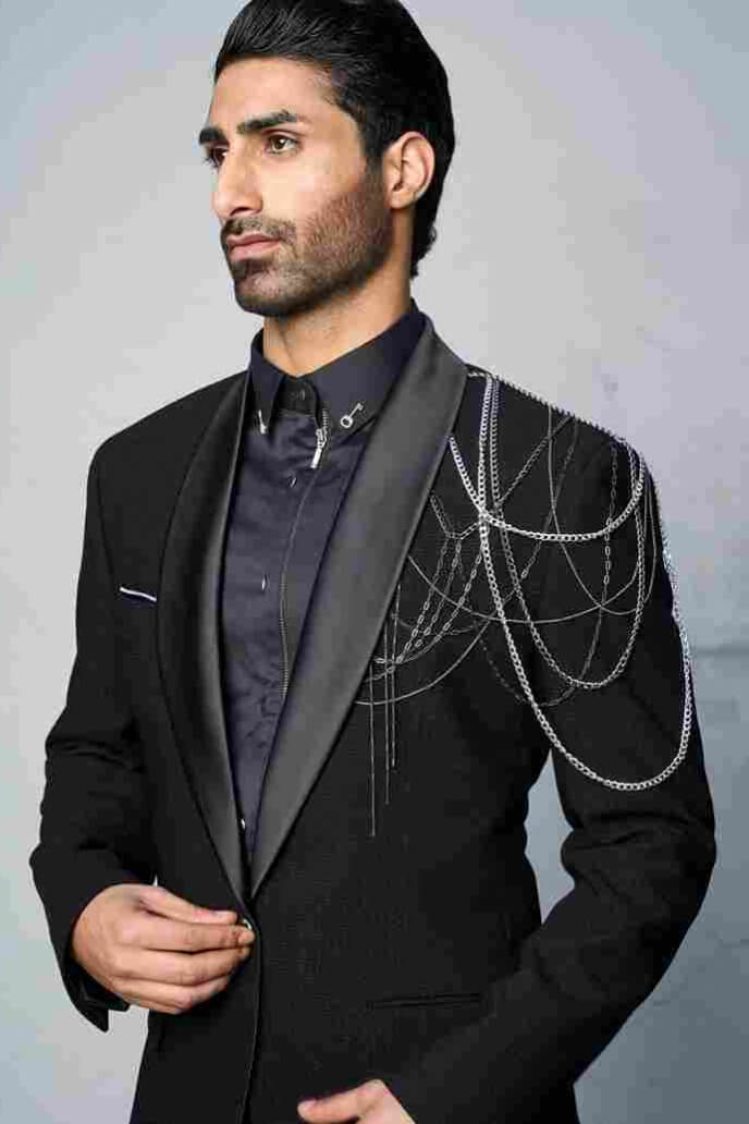 Luxury Black Textured Tuxedo Suit for Men with Satin Peak Lapel & Waistcoat