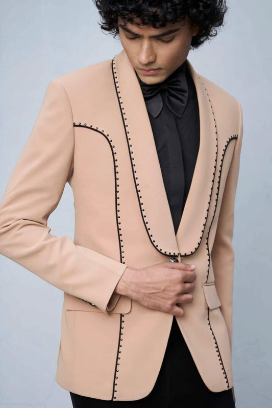 Peach Designer Tuxedo Suit for Men with Contrast Stitch Detailing & Black Lapel