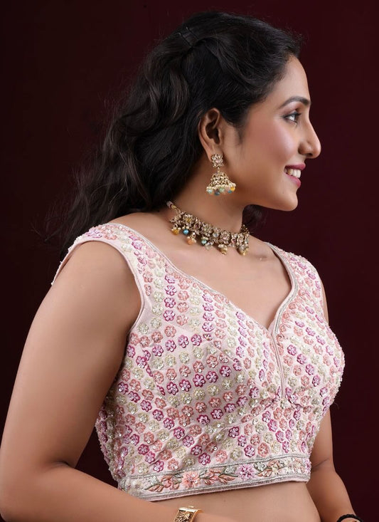 Cream & Blush Pink Floral Embroidered Princess Cut Sleeveless Blouse