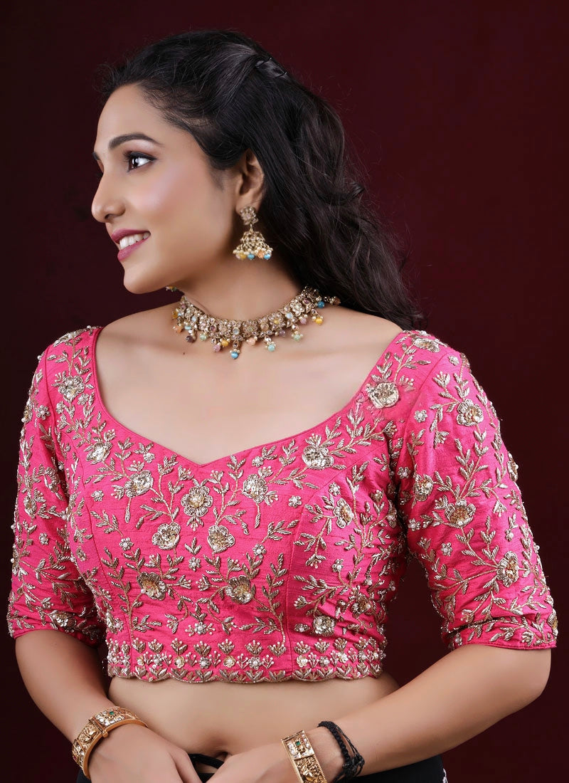 Rani Pink Floral Embroidered Princess Cut Blouse with Elbow Sleeves