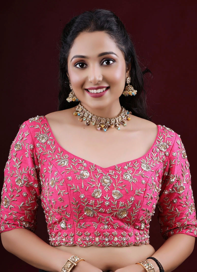 Rani pink princess cut blouse with floral gold embroidery and elbow length sleeves