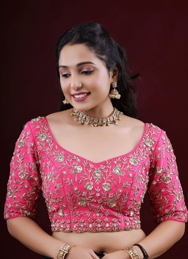Rani Pink Floral Embroidered Princess Cut Blouse with Elbow Sleeves