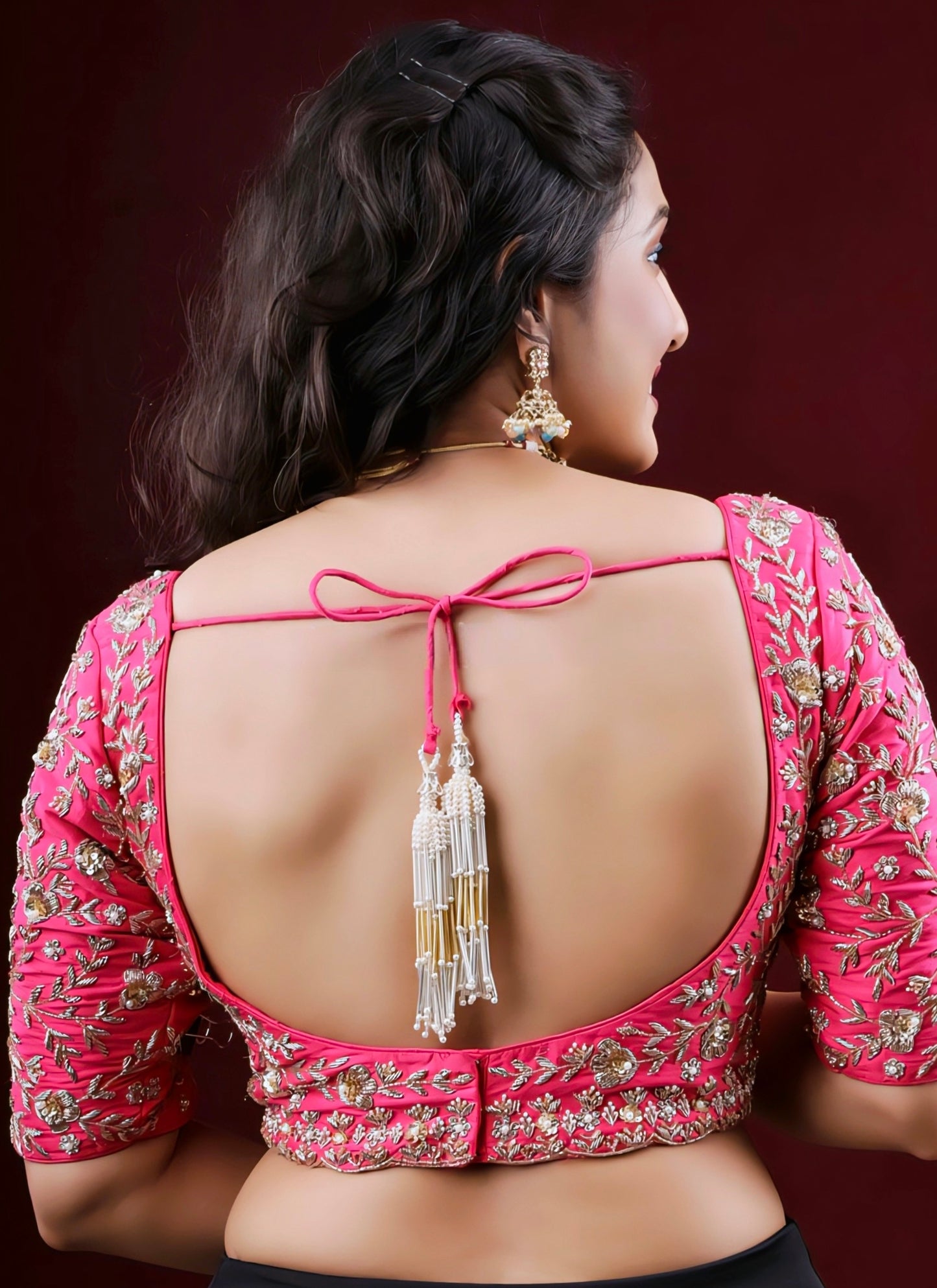 Rani Pink Floral Embroidered Princess Cut Blouse with Elbow Sleeves