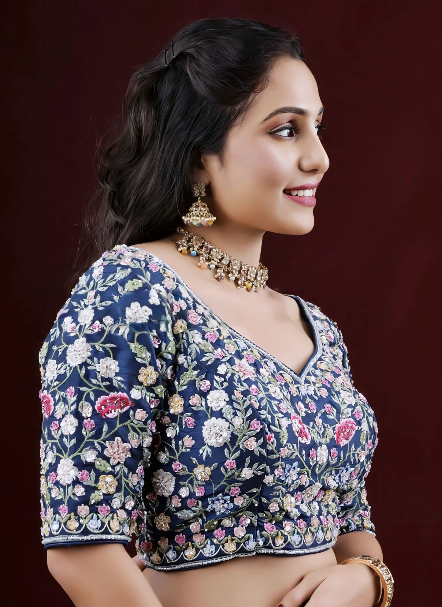 Navy Blue Floral Embroidered Princess Cut Blouse with Elbow Sleeves