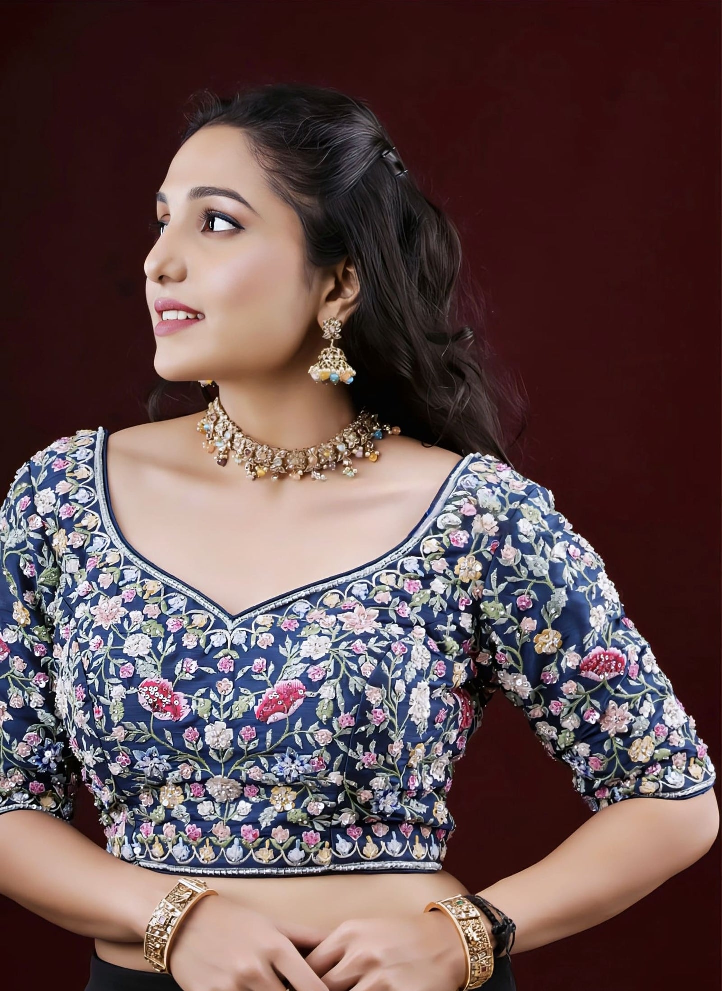 Navy Blue Floral Embroidered Princess Cut Blouse with Elbow Sleeves