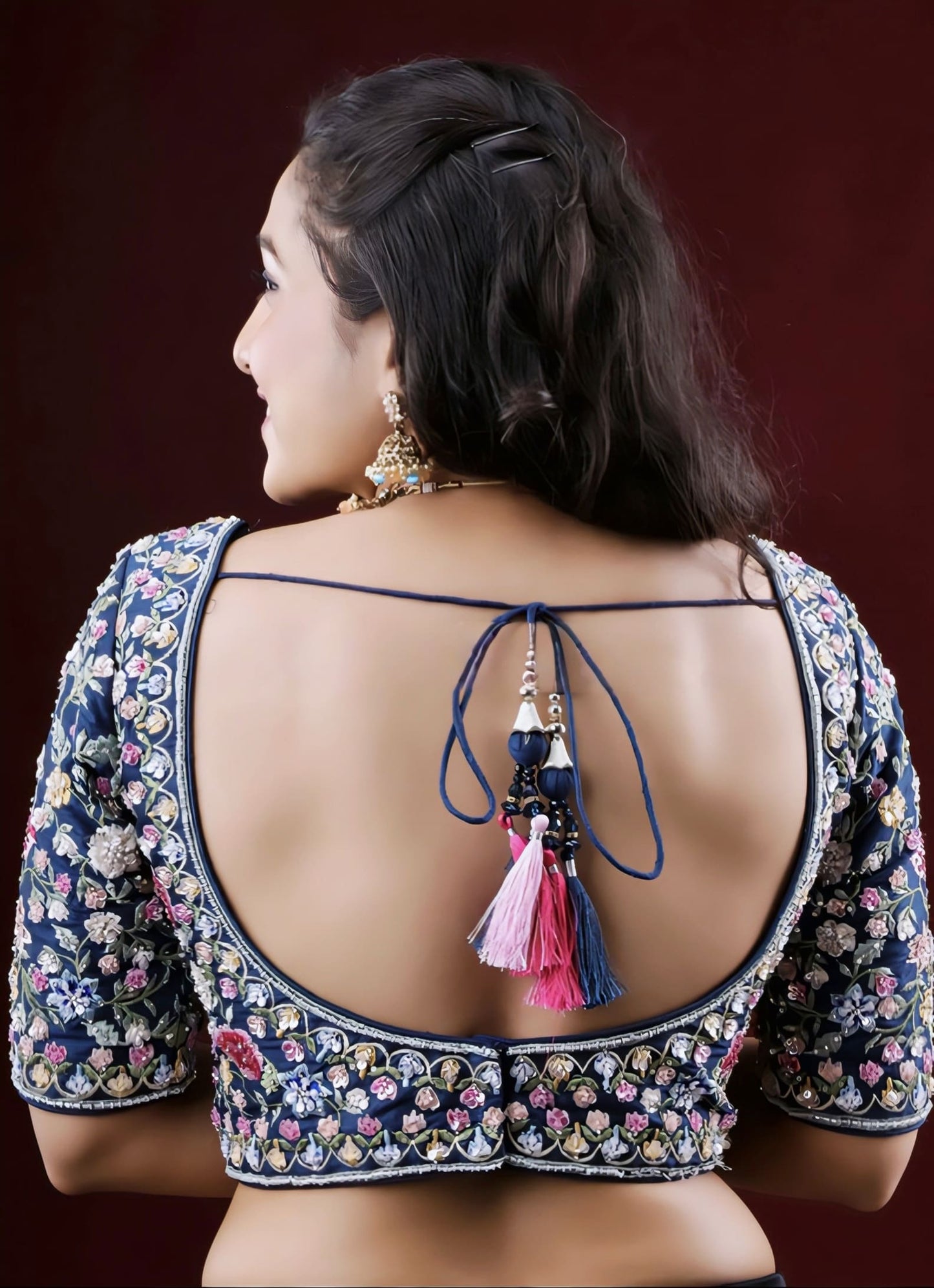 Navy Blue Floral Embroidered Princess Cut Blouse with Elbow Sleeves