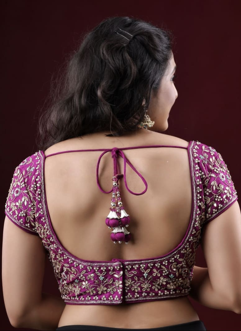 Magenta Purple Floral Embroidered Princess Cut Blouse with Short Sleeves