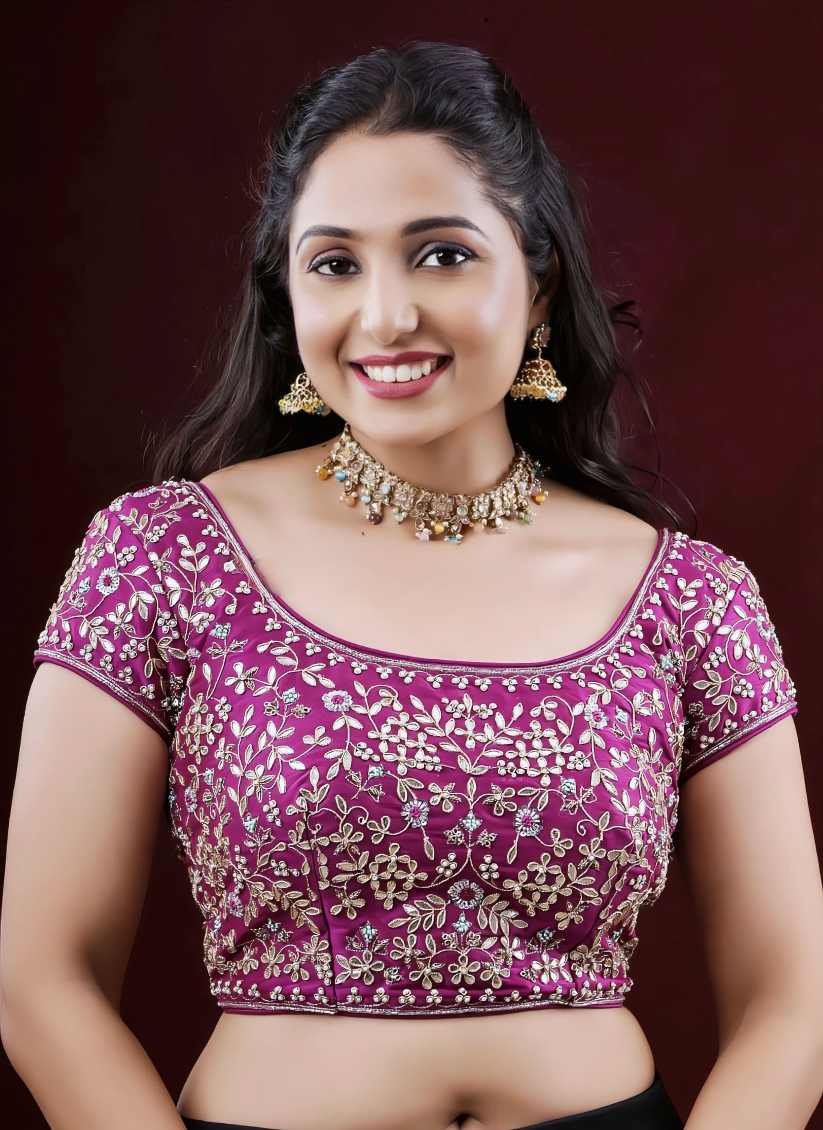 Magenta purple princess cut blouse with gold floral embroidery and short sleeves