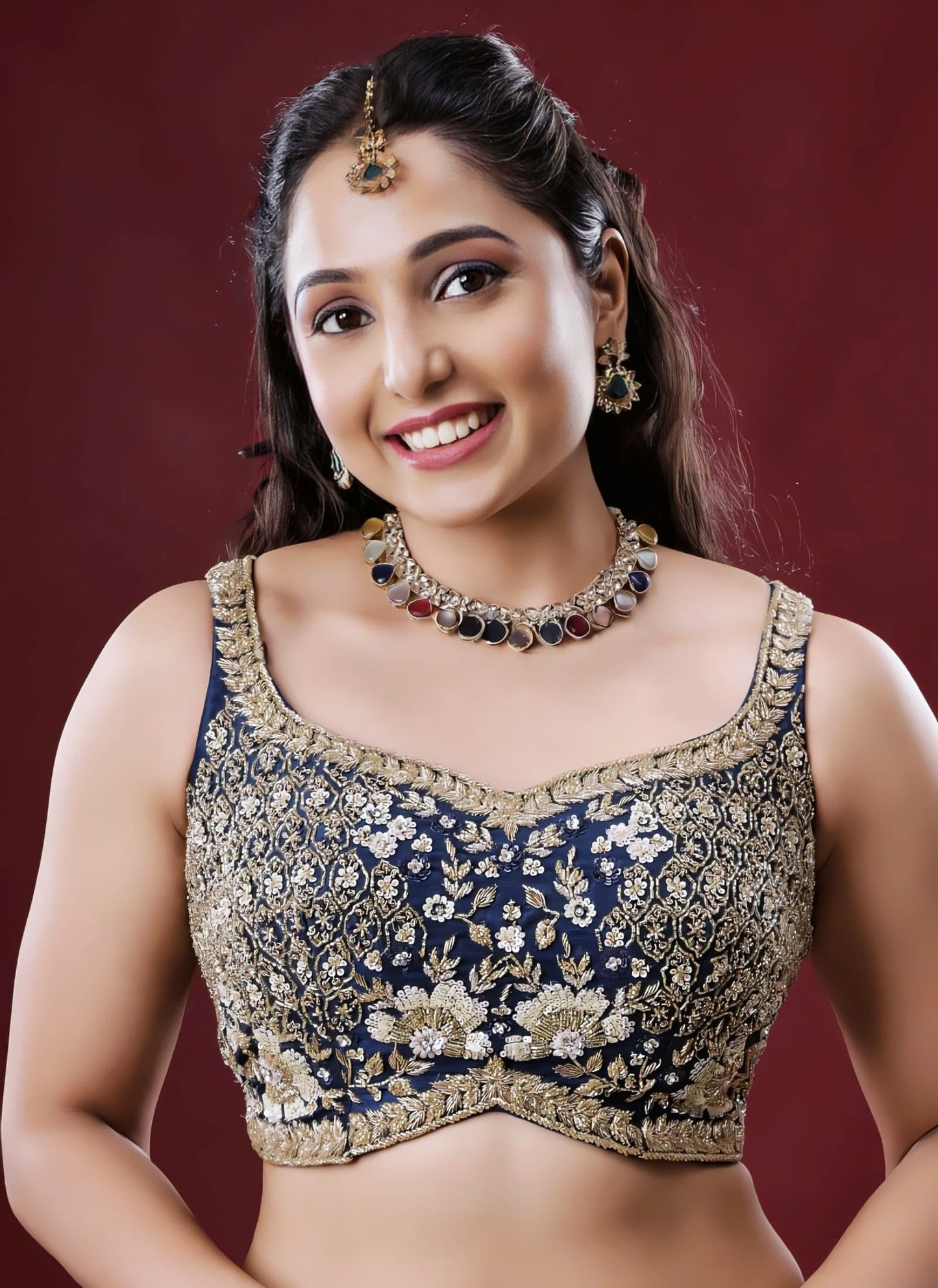 Navy Blue & Gold Heavily Embroidered Princess Cut Sleeveless Blouse