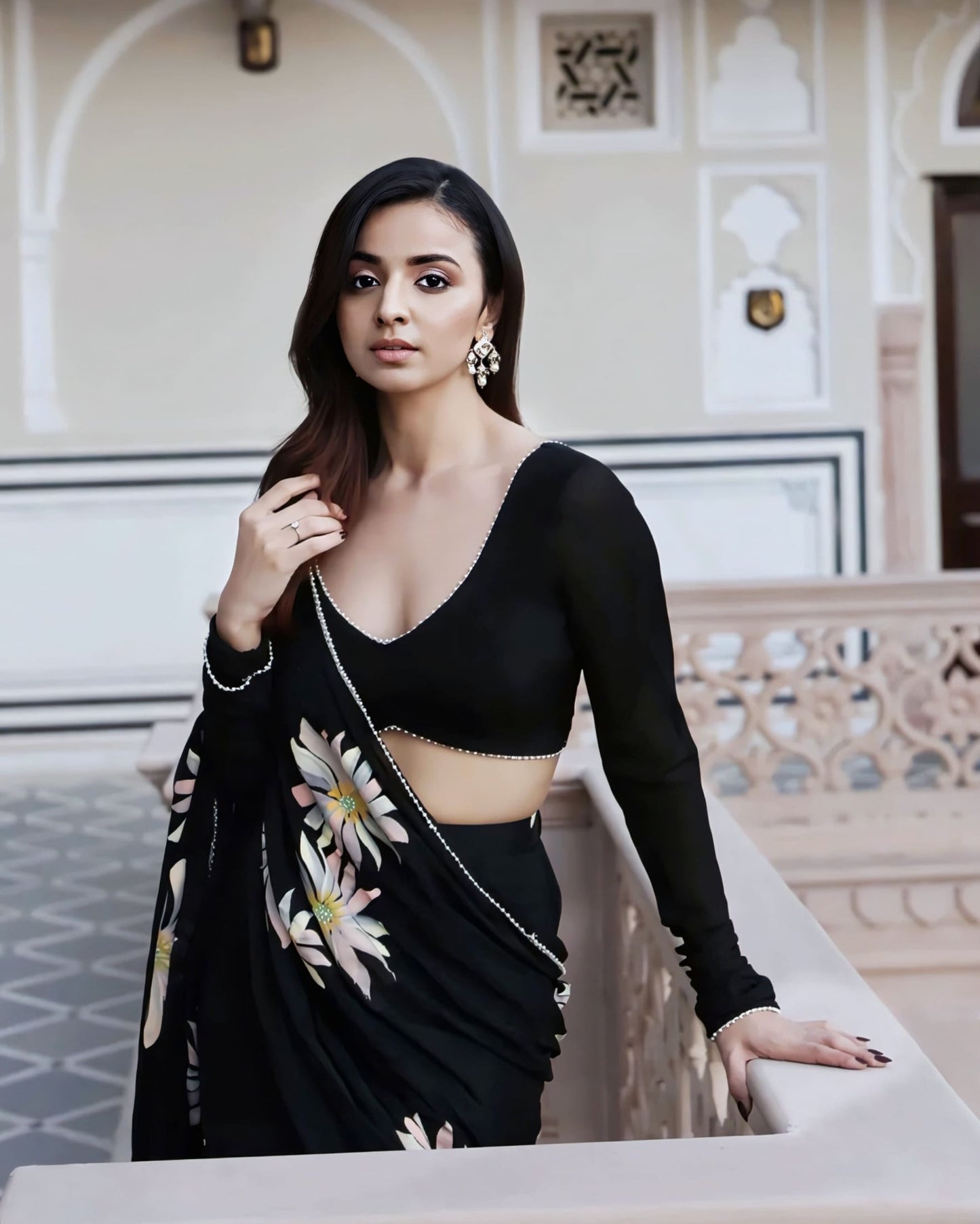 Black V-Neck Princess Cut Blouse with Full Sleeves