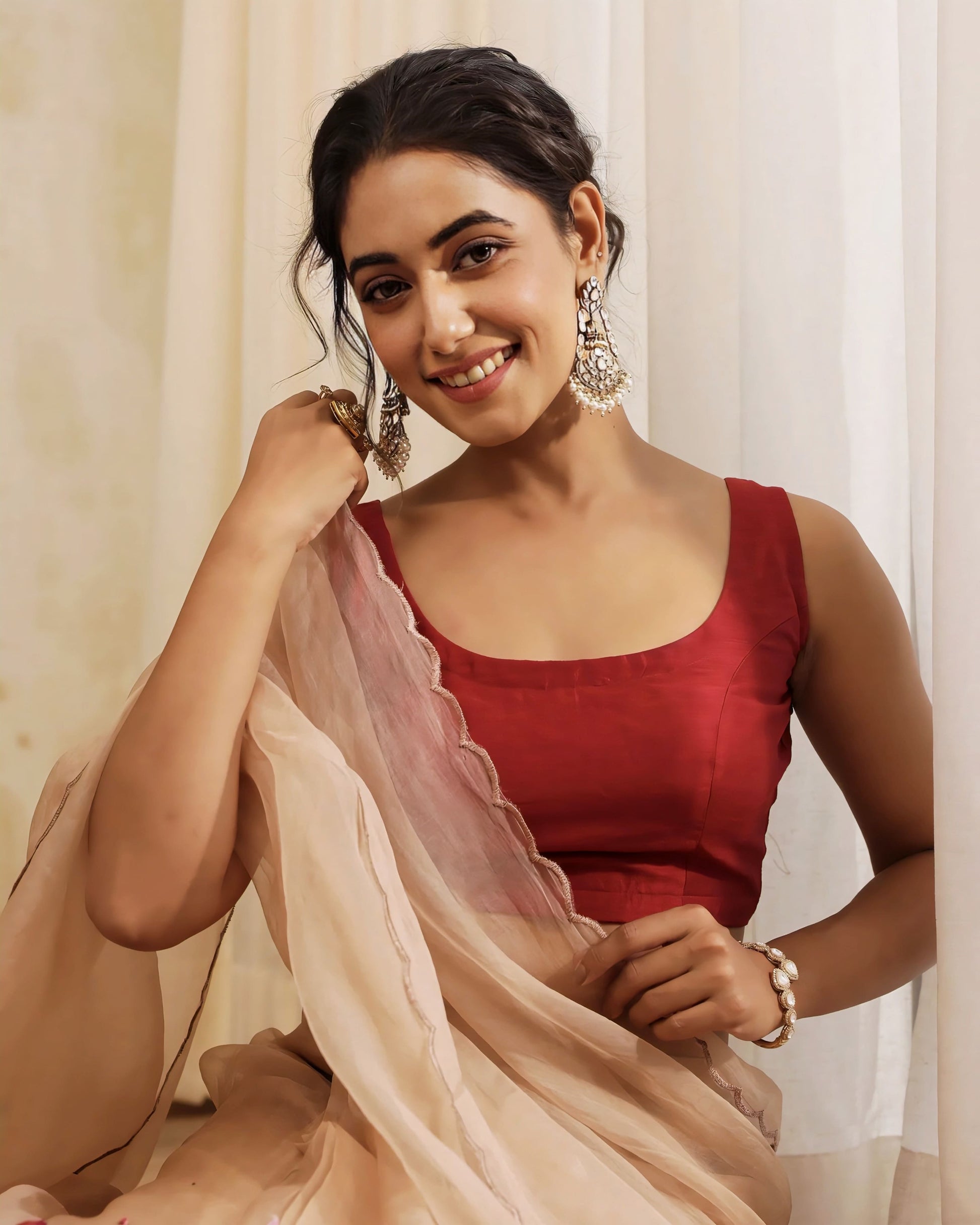 Wine red sleeveless princess cut blouse with scoop neckline