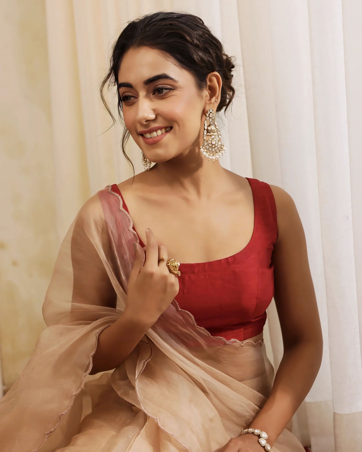 Wine Red Princess Cut Sleeveless Blouse with Elegant Scoop Neck