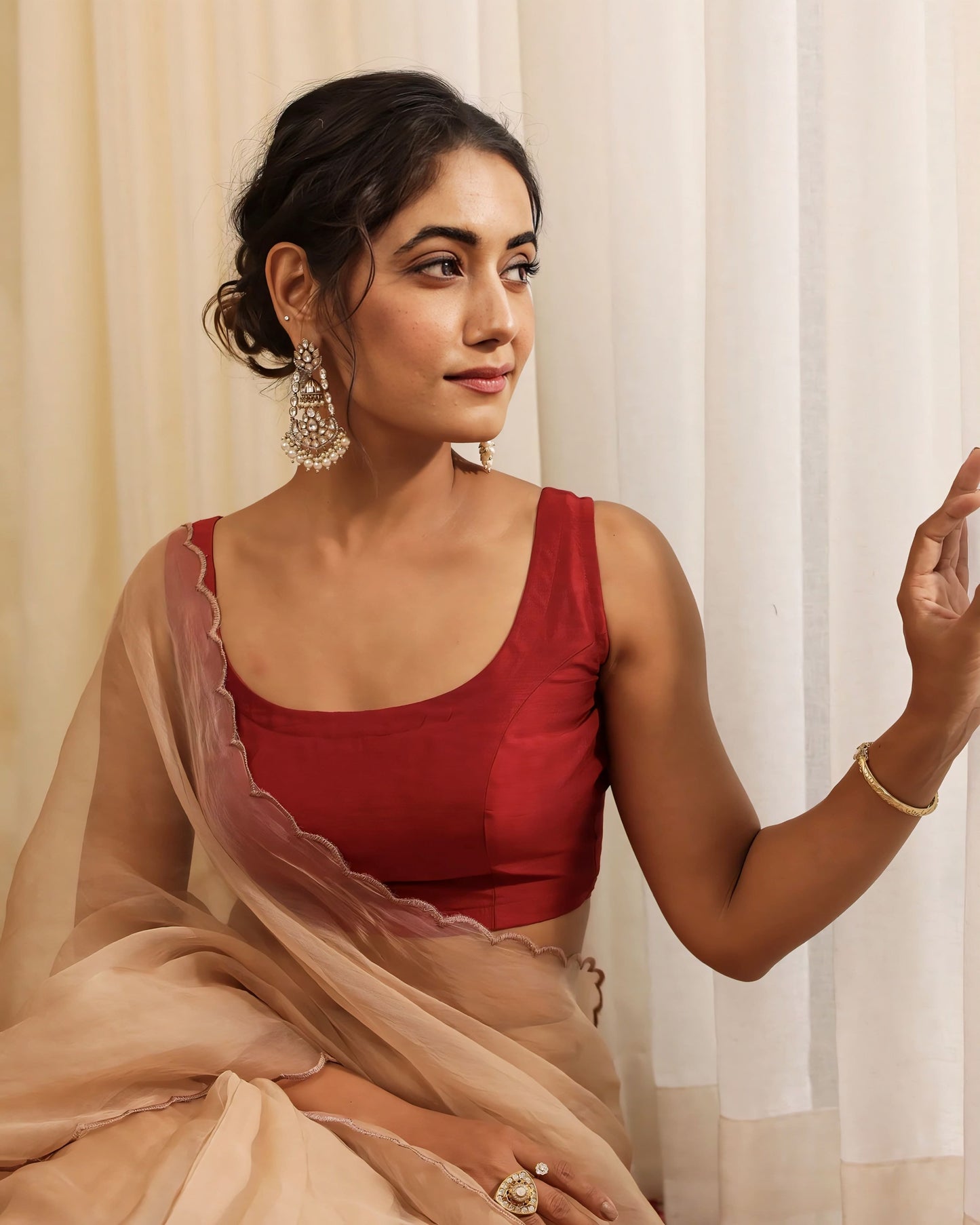 Wine Red Princess Cut Sleeveless Blouse with Elegant Scoop Neck