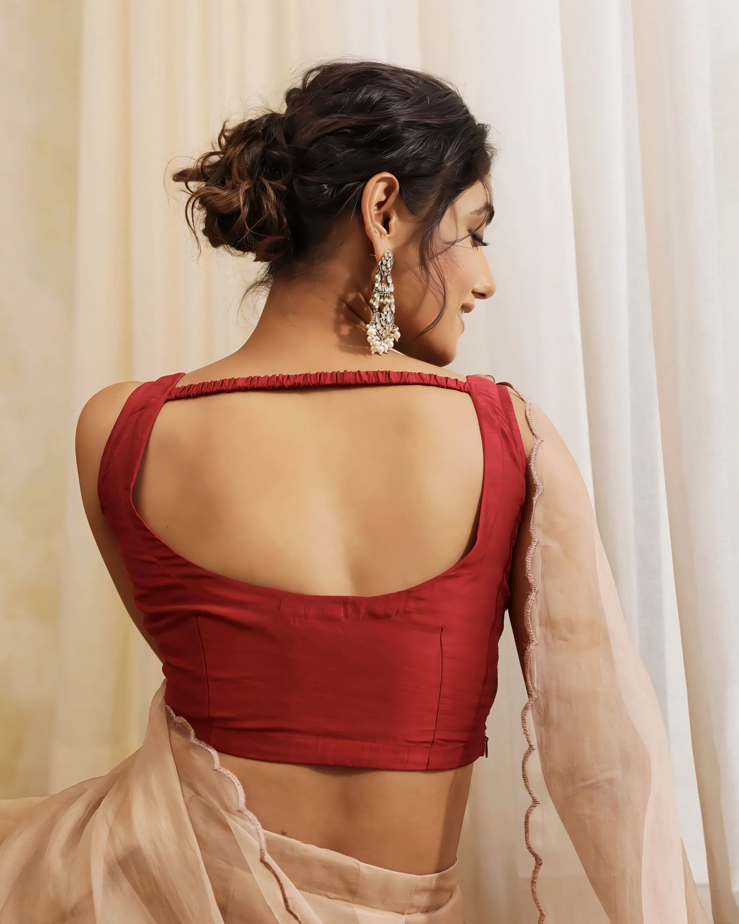 Wine Red Princess Cut Sleeveless Blouse with Elegant Scoop Neck