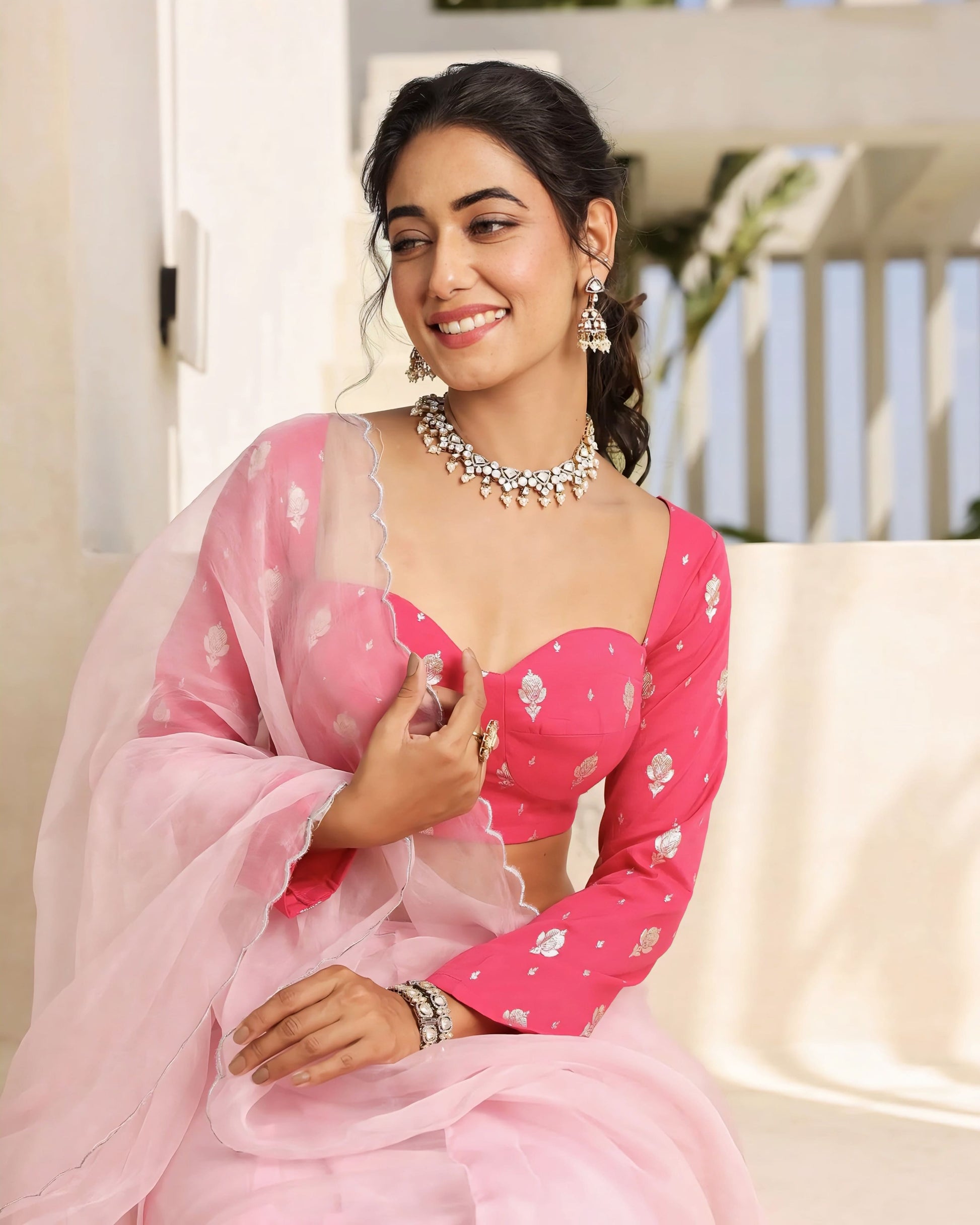 Rani pink princess cut blouse with sweetheart neckline and full sleeves