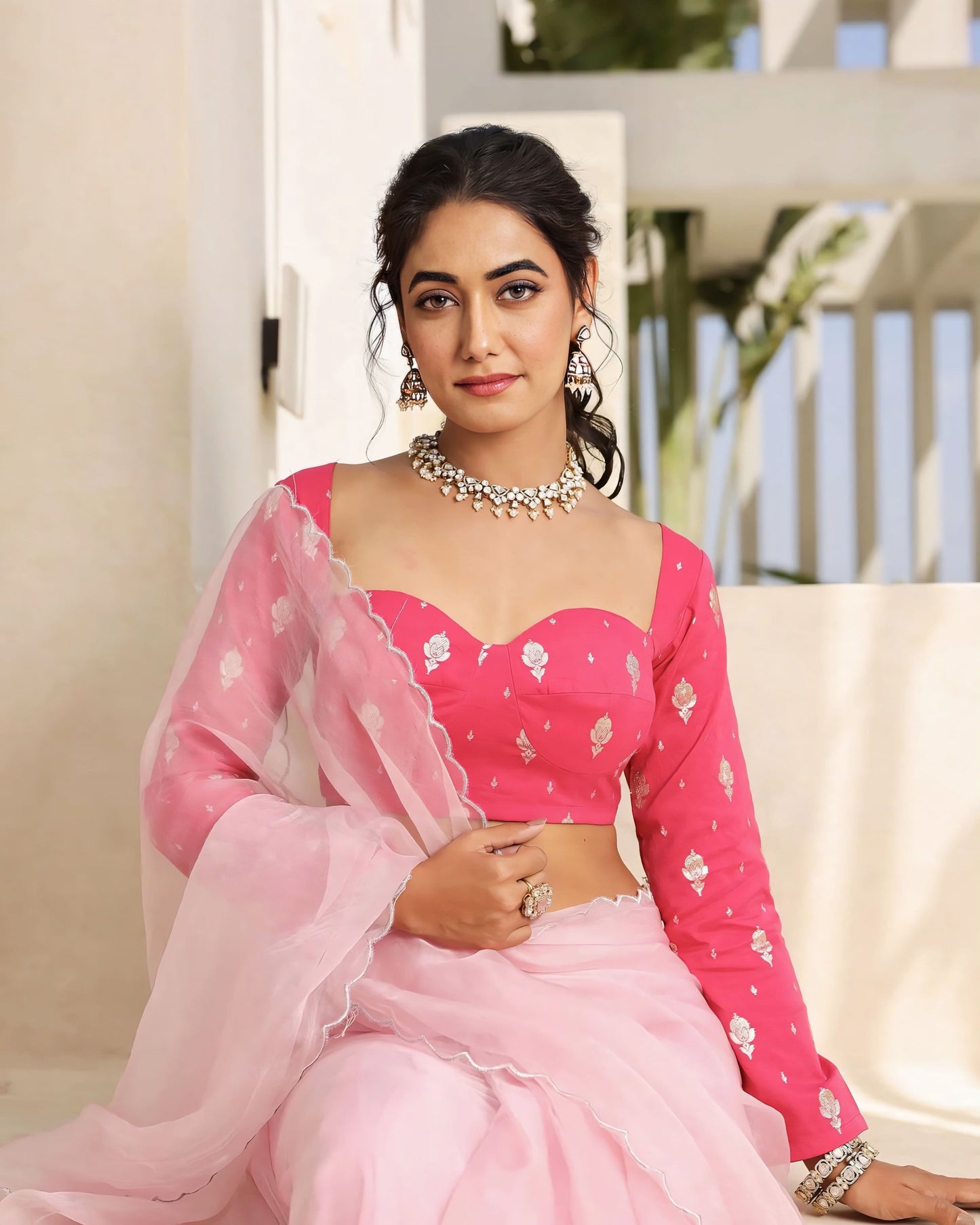 Rani Pink Princess Cut Blouse with Sweetheart Neck & Full Sleeves