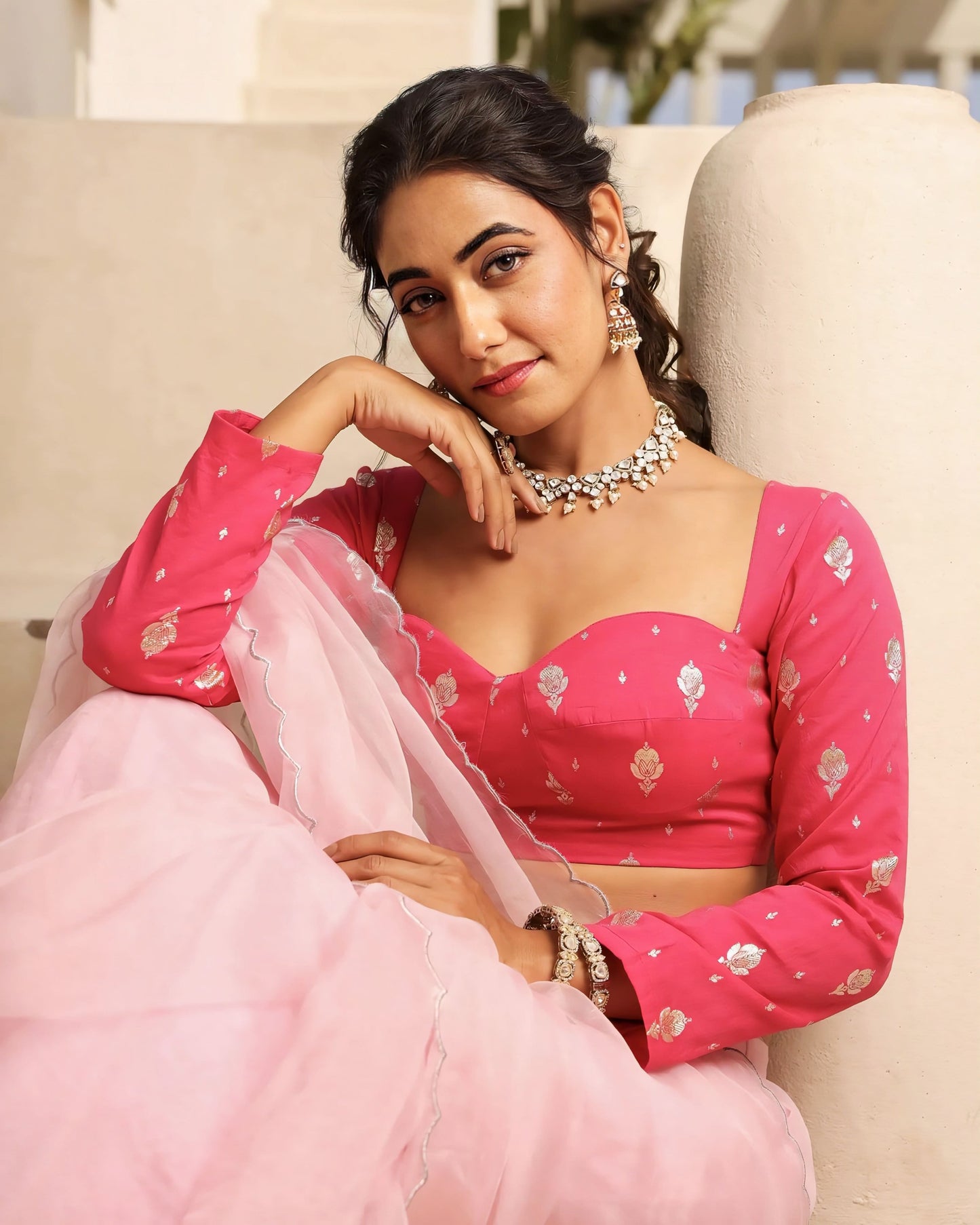 Rani Pink Princess Cut Blouse with Sweetheart Neck & Full Sleeves