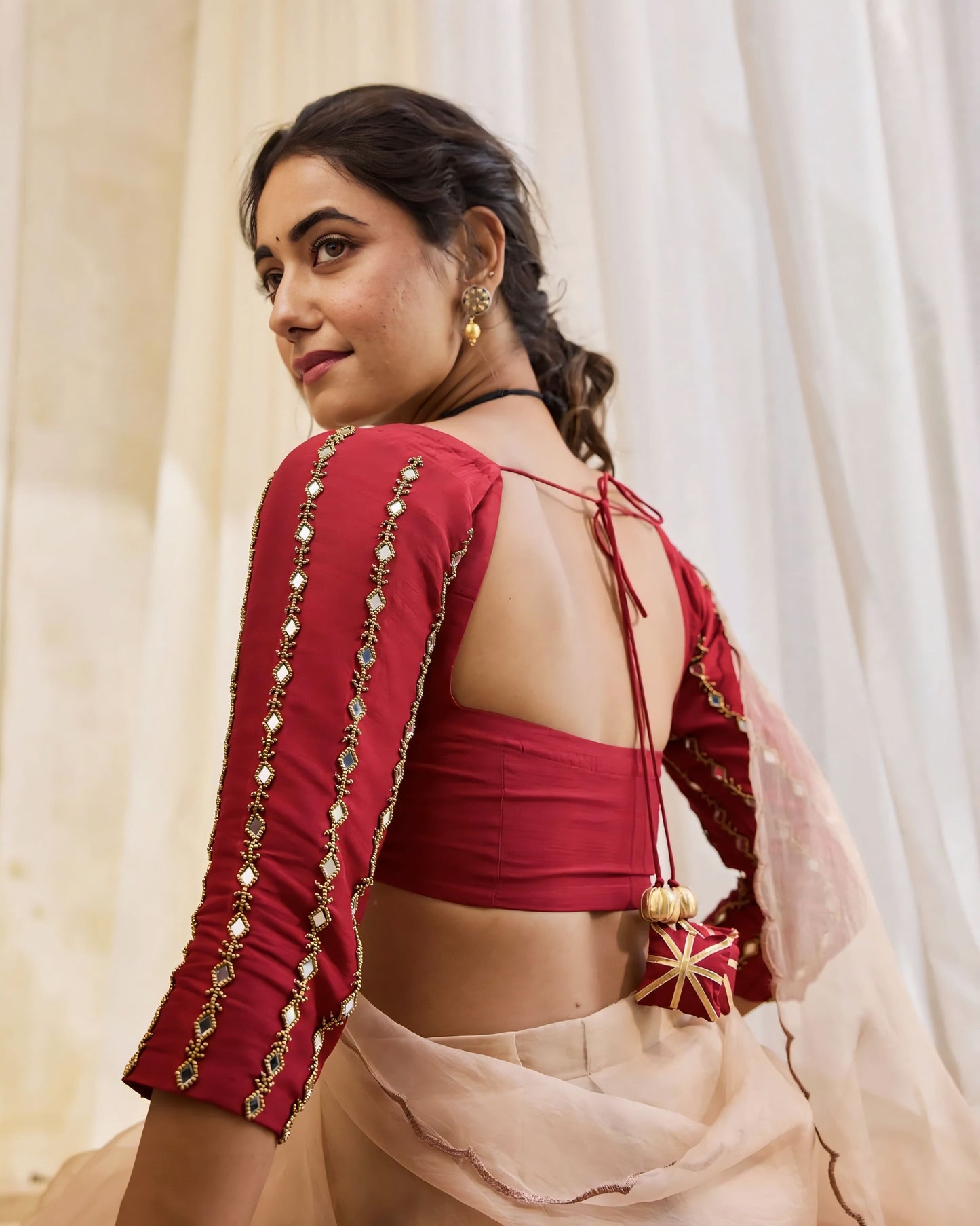 Wine Red Princess Cut Blouse with Square Neck & Embroidered Sleeves