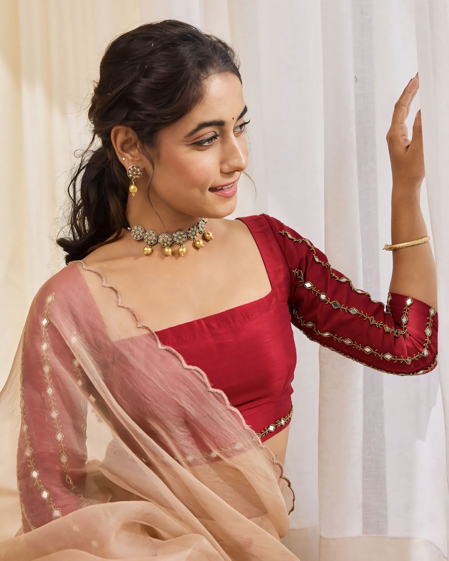 Wine Red Princess Cut Blouse with Square Neck & Embroidered Sleeves