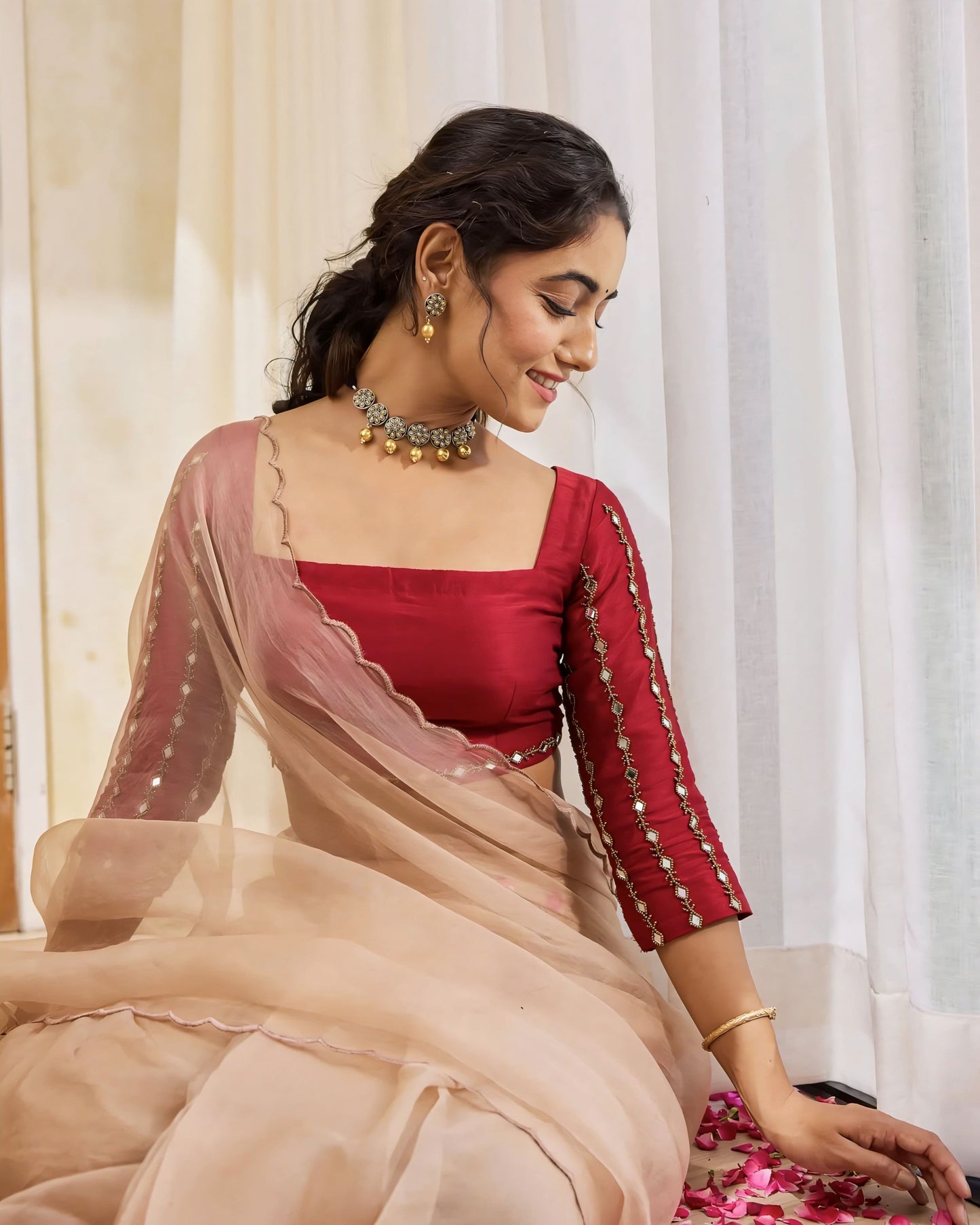 Wine Red Princess Cut Blouse with Square Neck & Embroidered Sleeves