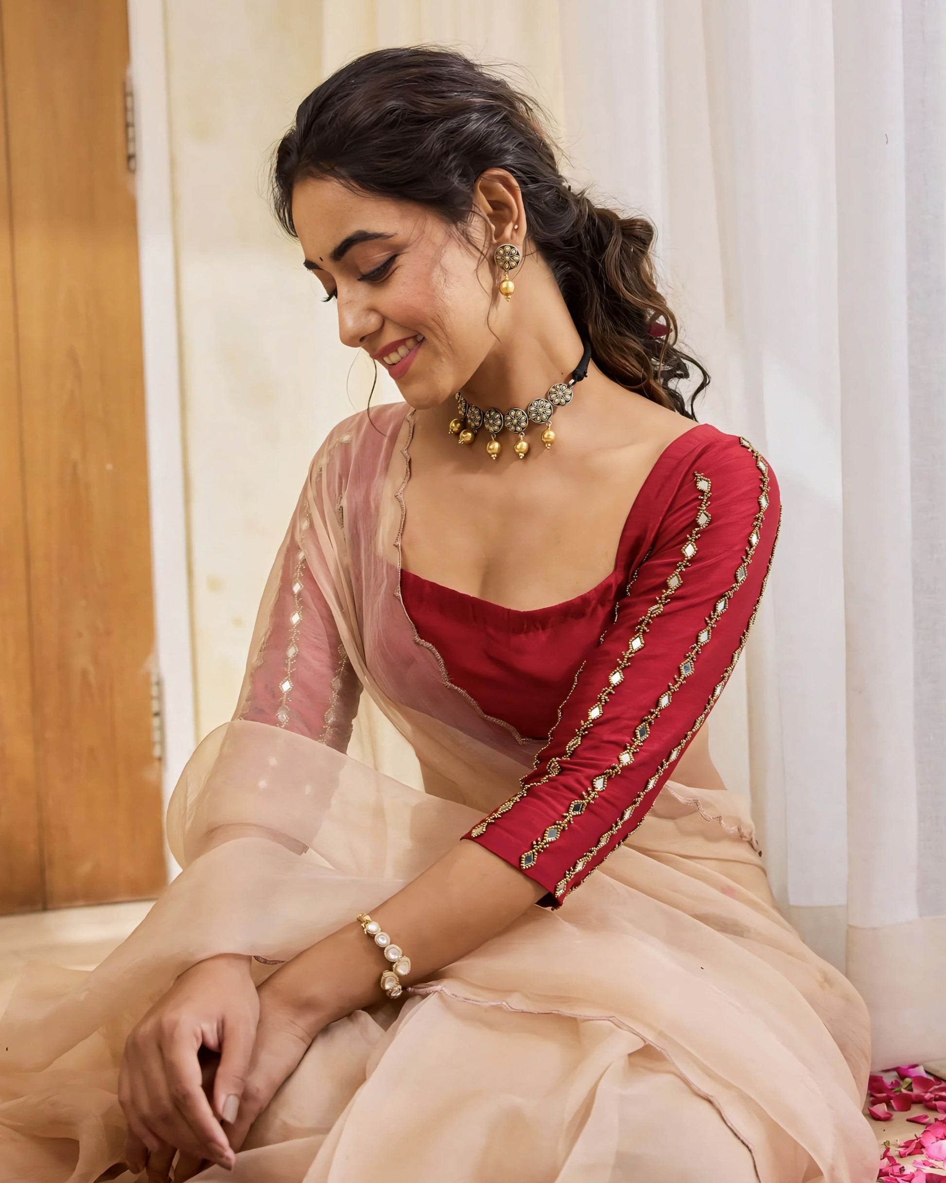 Wine red princess cut blouse with square neckline and embroidered sleeves