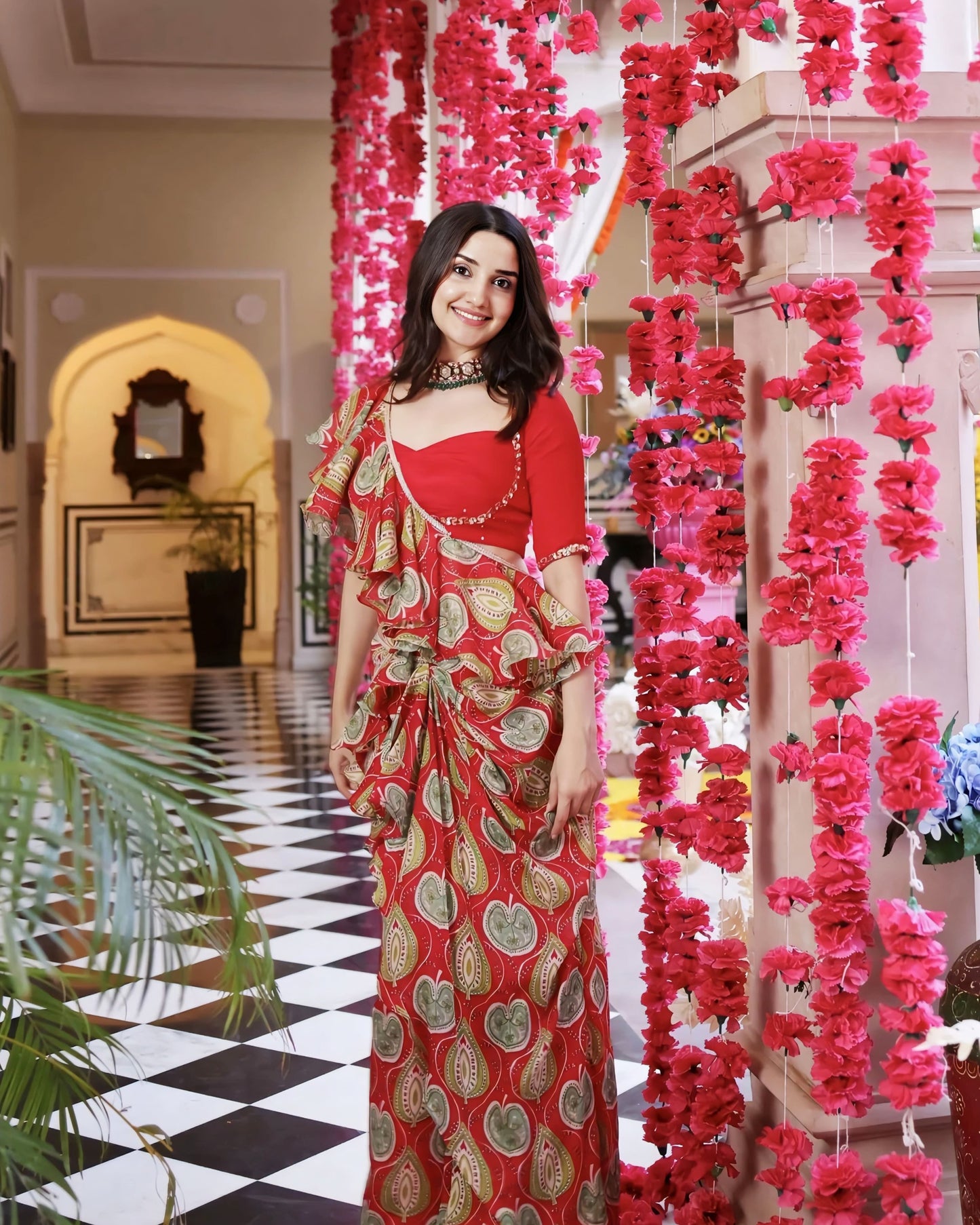 Red princess cut blouse with sweetheart neckline and half sleeves