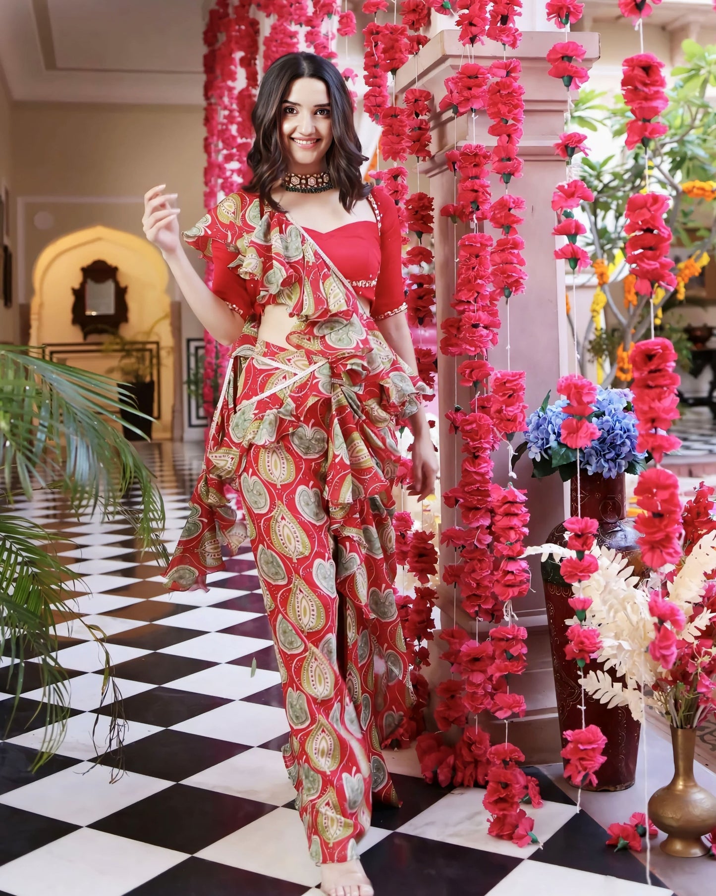 Red Princess Cut Blouse with Sweetheart Neckline & Half Sleeves
