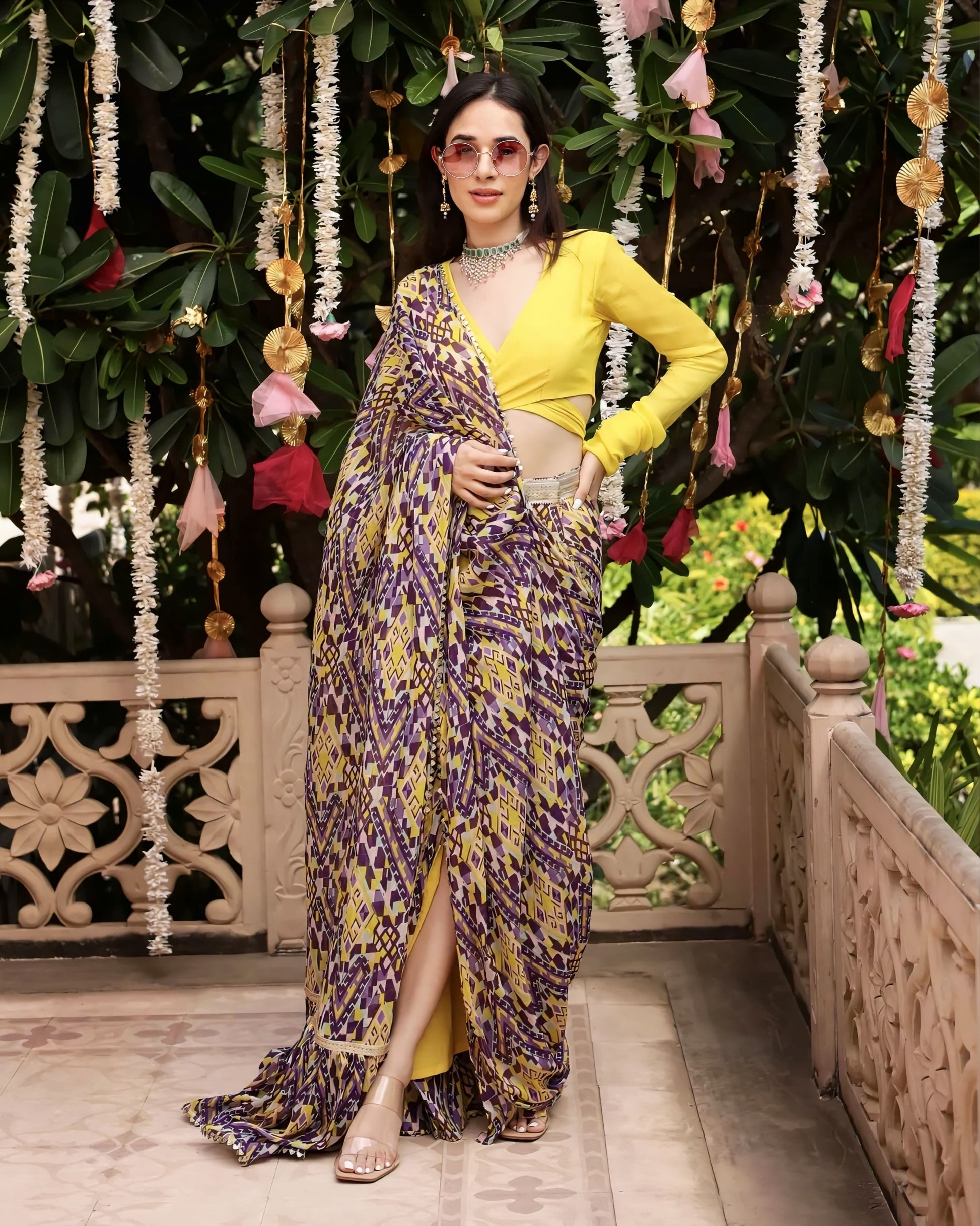 Purple and yellow geometric printed designer saree with modern yellow blouse