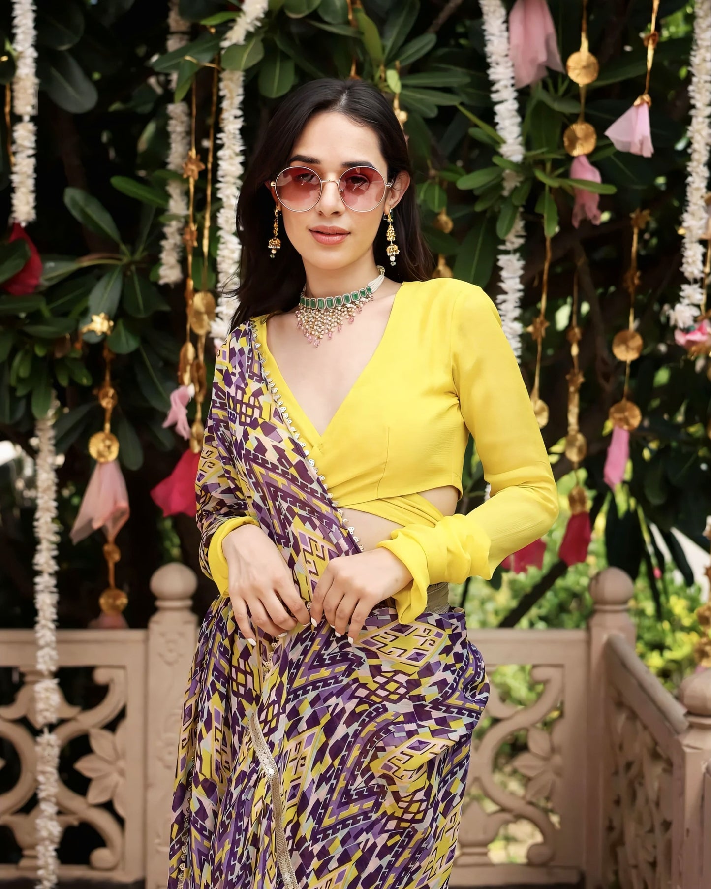 Purple & Yellow Geometric Printed Saree with Contemporary Yellow Blouse
