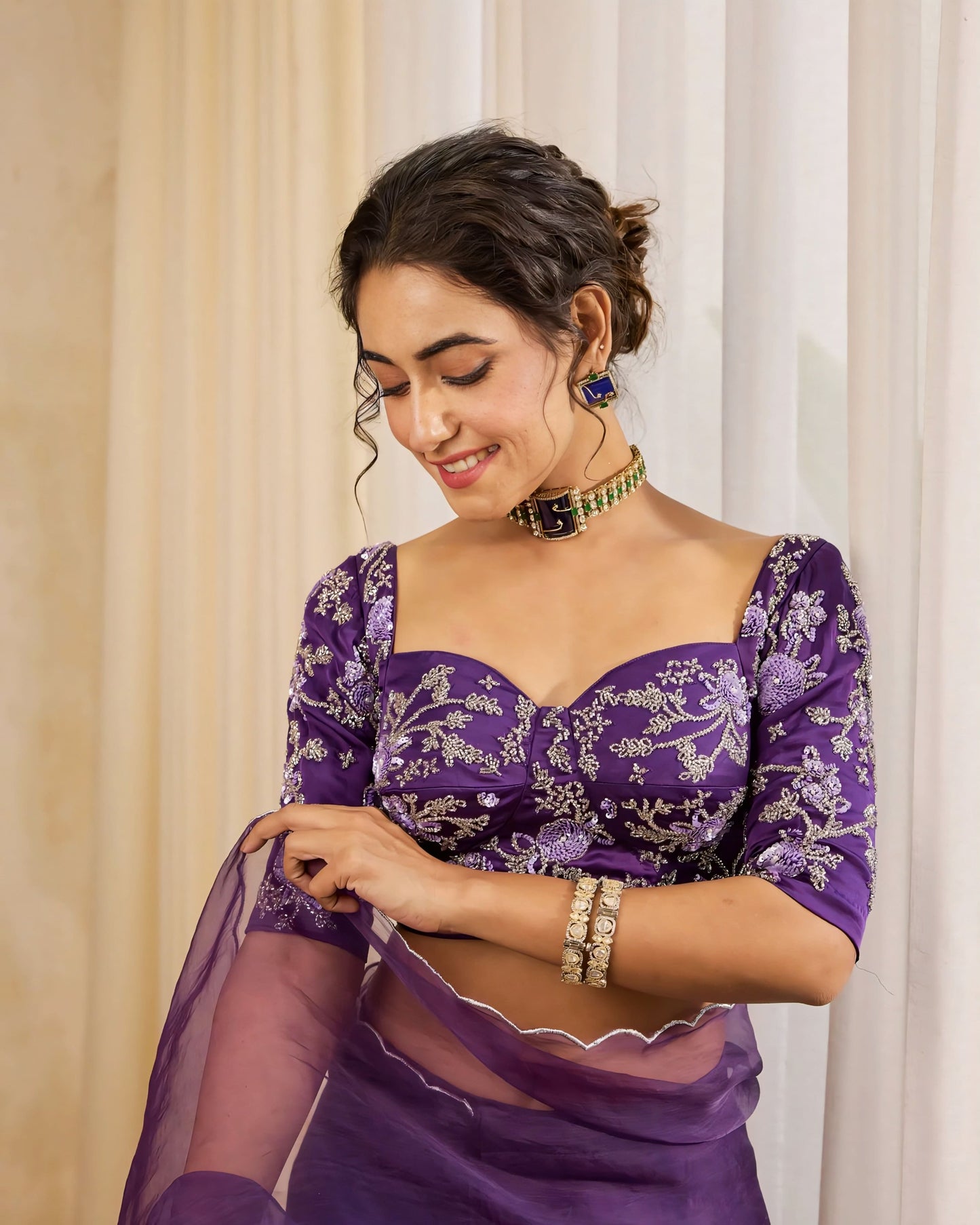 Purple Embroidered Princess Cut Blouse with Sweetheart Neck