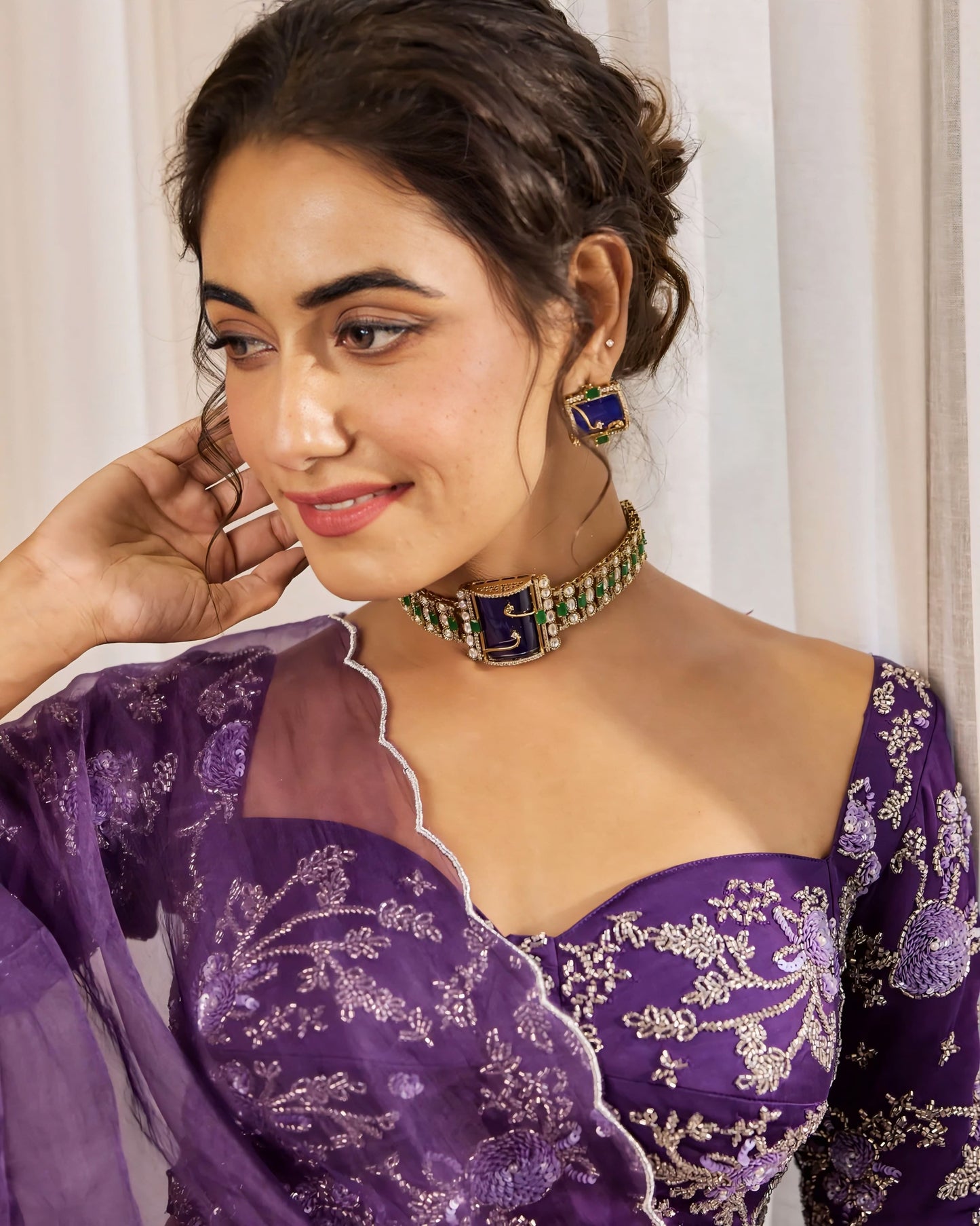 Purple Embroidered Princess Cut Blouse with Sweetheart Neck