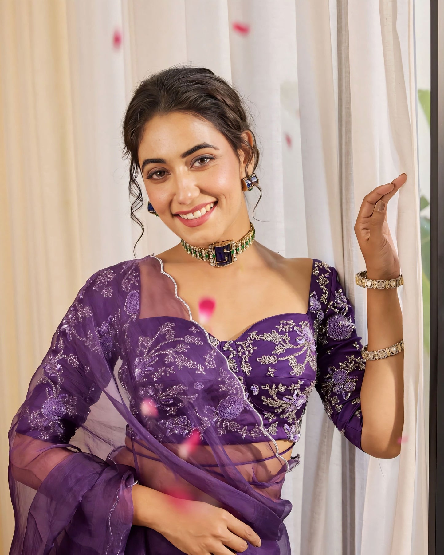 Purple Embroidered Princess Cut Blouse with Sweetheart Neck