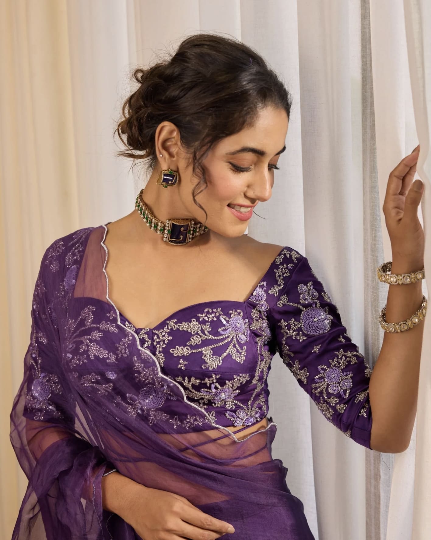 Purple embroidered princess cut blouse with sweetheart neckline