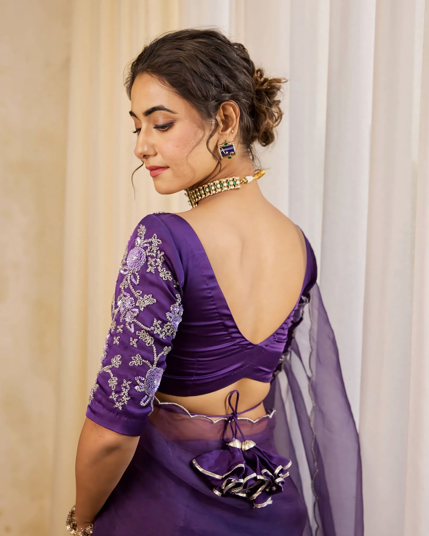 Purple Embroidered Princess Cut Blouse with Sweetheart Neck