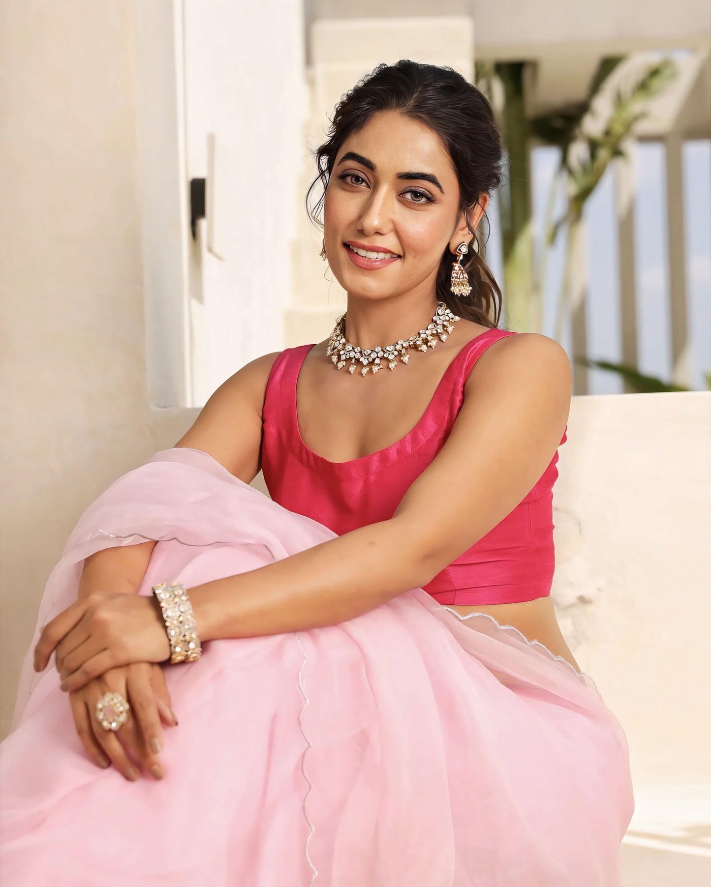 Blush Pink Sheer Saree with Solid Pink Sleeveless Blouse