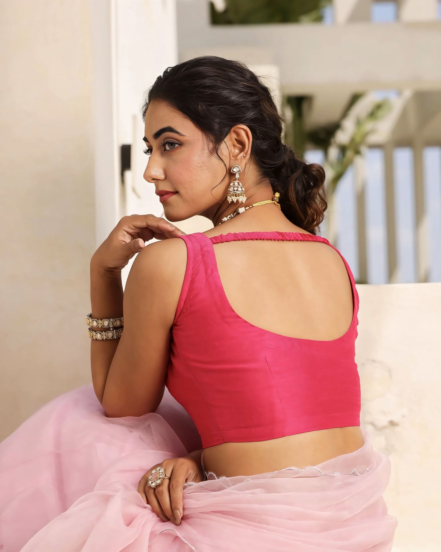 Blush Pink Sheer Saree with Solid Pink Sleeveless Blouse