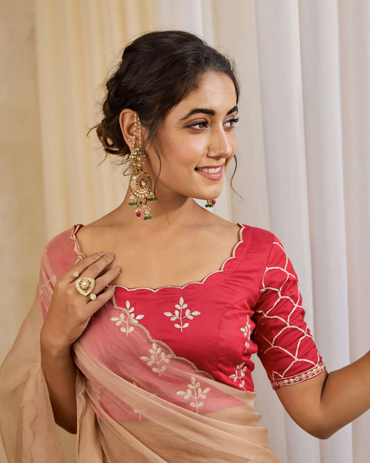 Rani Pink Princess Cut Blouse with Scalloped Neckline & Net Sleeves