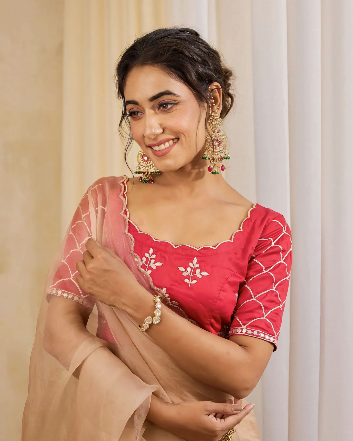 Rani Pink Princess Cut Blouse with Scalloped Neckline & Net Sleeves