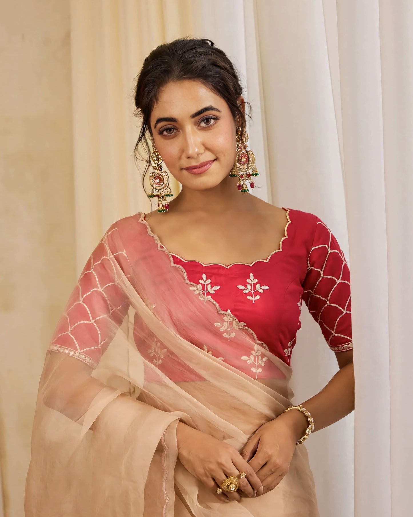 Rani Pink Princess Cut Blouse with Scalloped Neckline & Net Sleeves