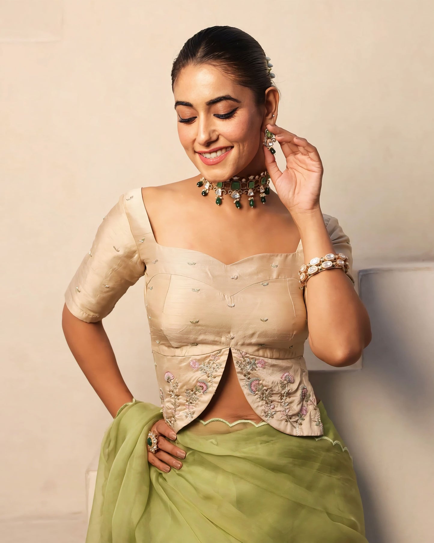 Champagne Gold Silk Princess Cut Blouse with Front Slit & Floral Embroidery