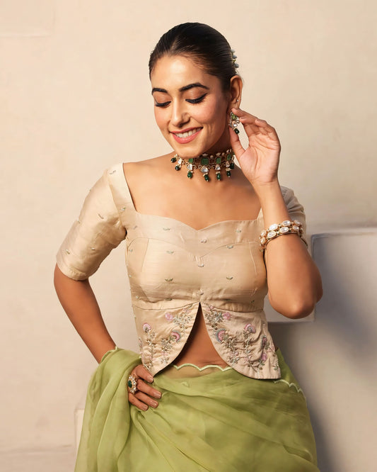 Champagne Gold Silk Princess Cut Blouse with Front Slit & Floral Embroidery