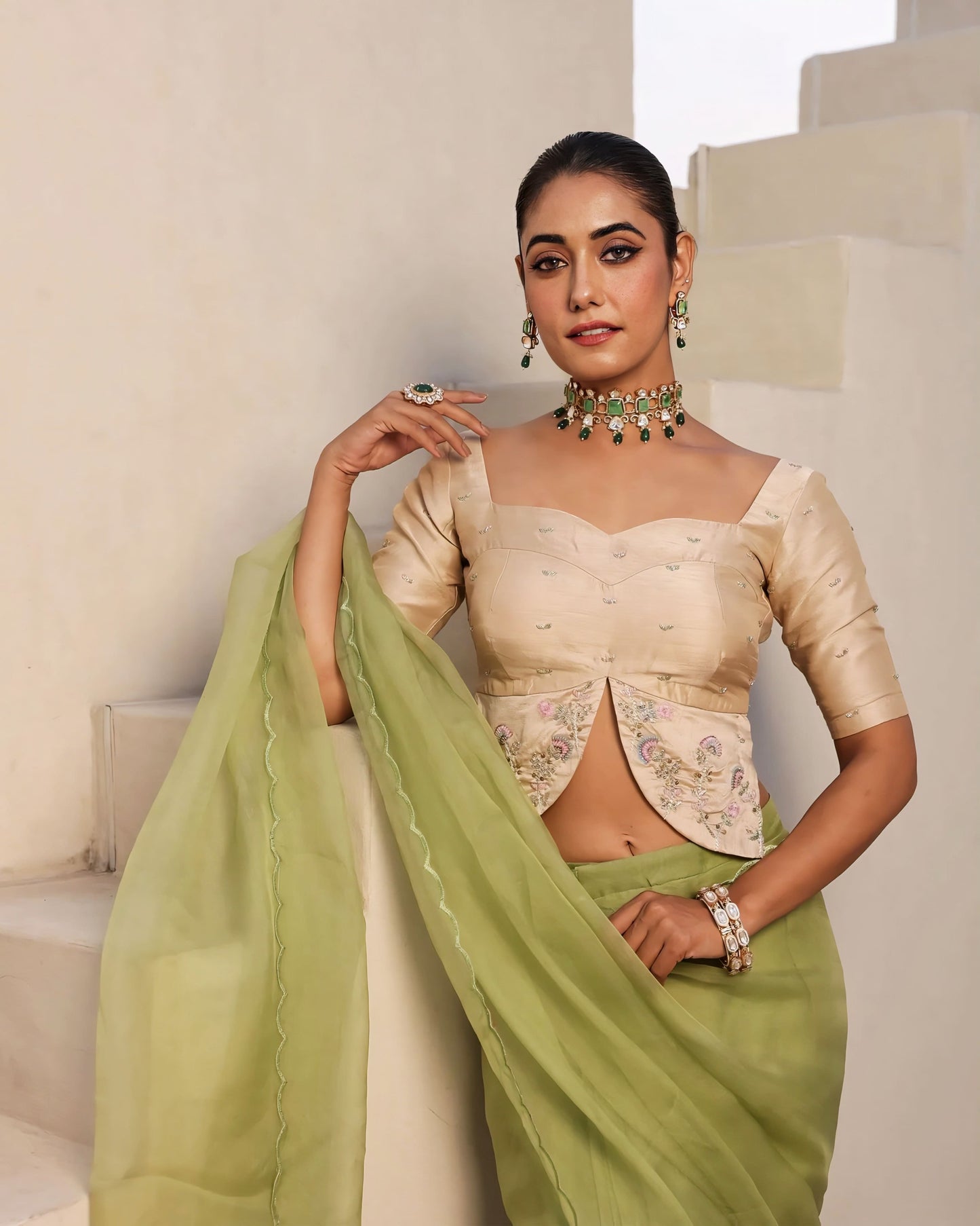 Champagne Gold Silk Princess Cut Blouse with Front Slit & Floral Embroidery