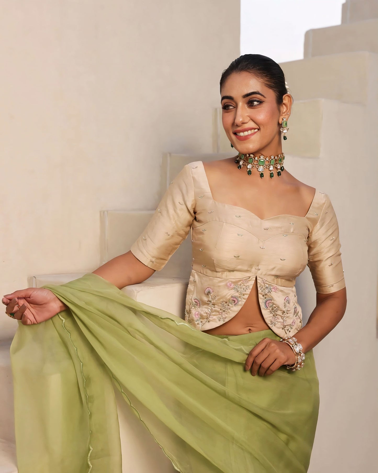 Champagne Gold Silk Princess Cut Blouse with Front Slit & Floral Embroidery