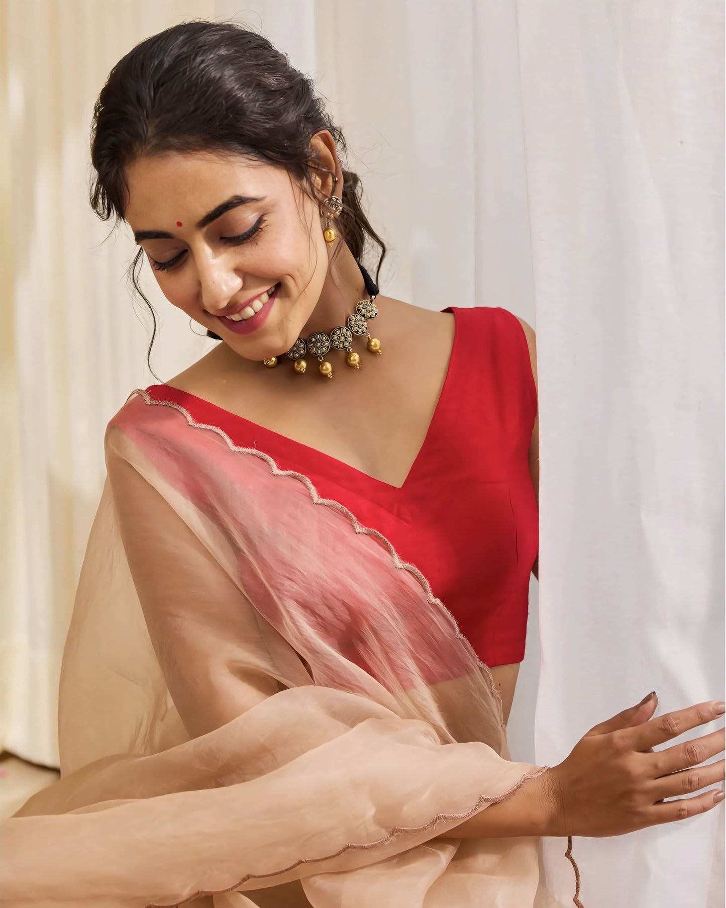 Deep Red V-Neck Silk Sleeveless Blouse for Saree with Clean Finish