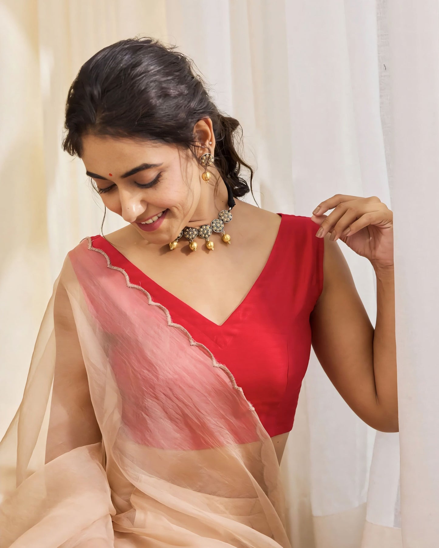 Deep Red V-Neck Silk Sleeveless Blouse for Saree with Clean Finish