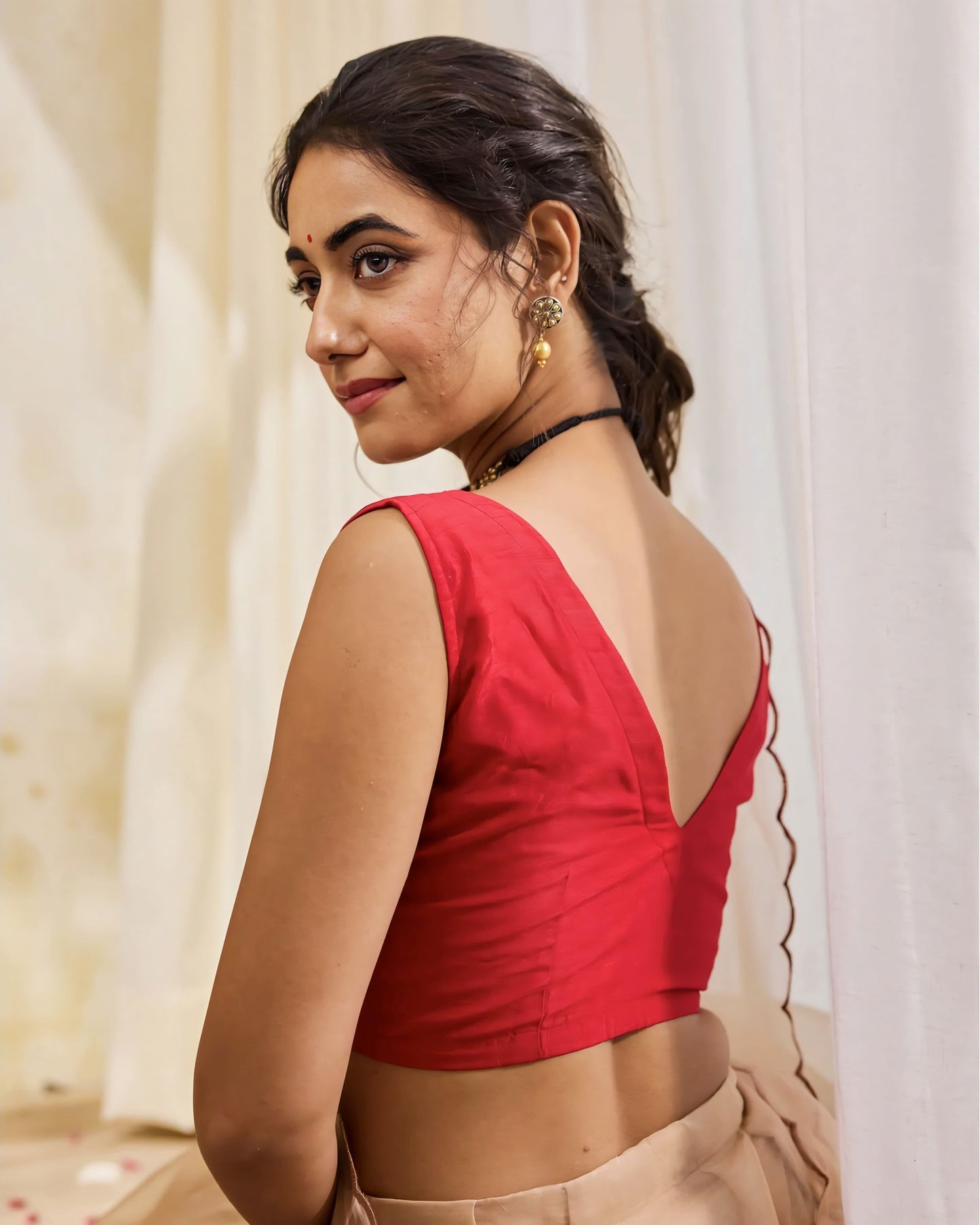 Deep Red V-Neck Silk Sleeveless Blouse for Saree with Clean Finish