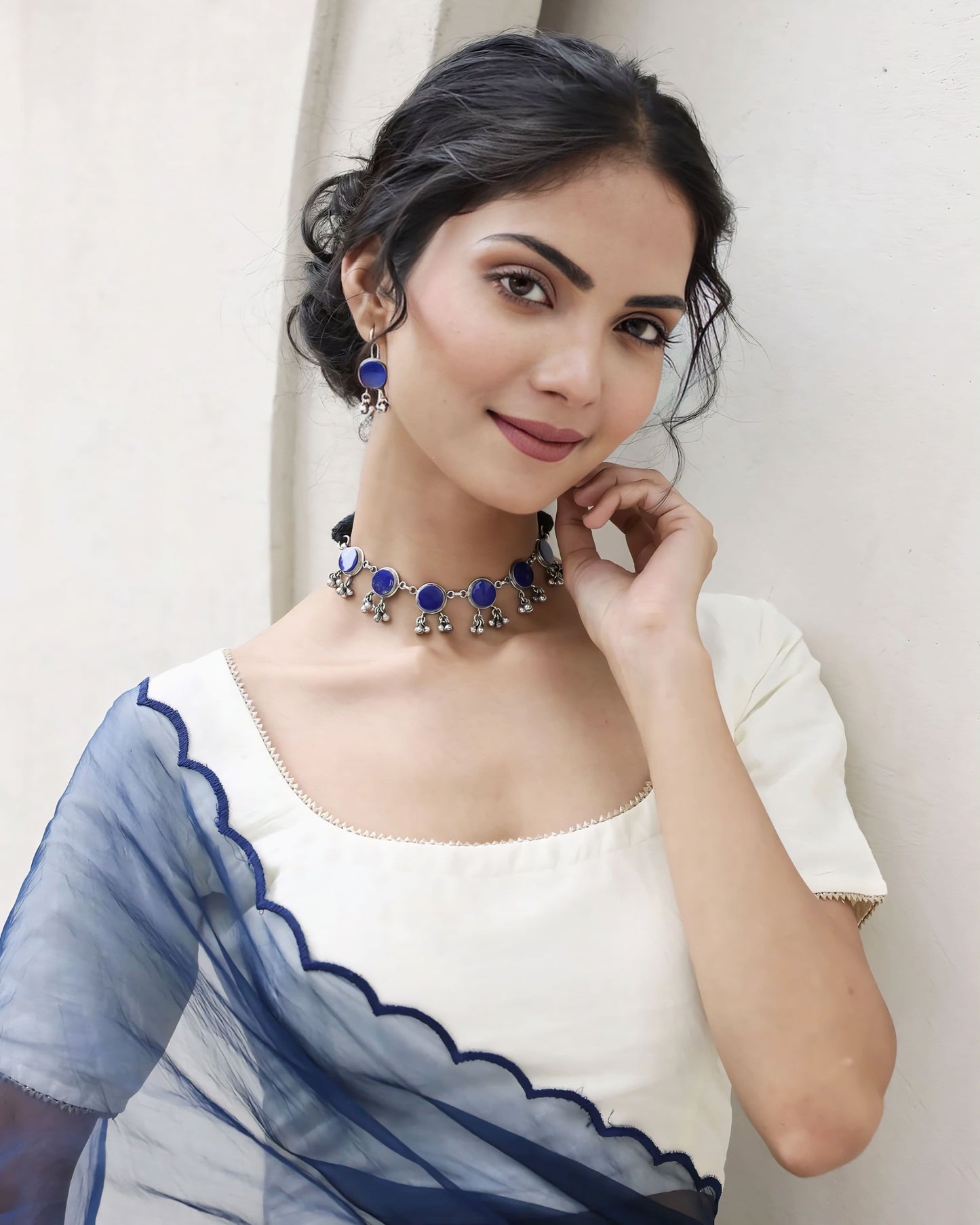 Ivory Square Neck Blouse with Navy Blue Scalloped Organza Saree Pallu